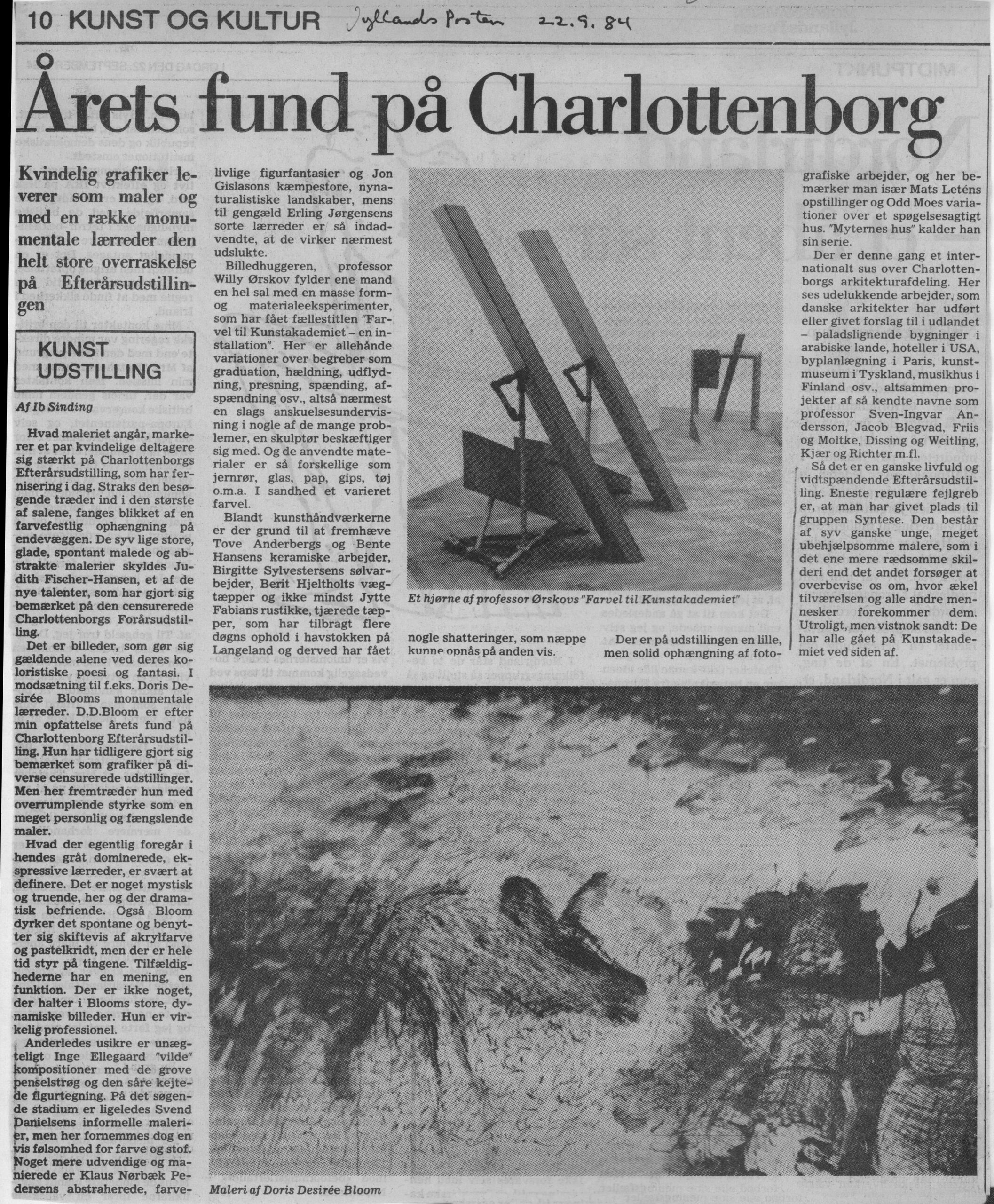 Årets fund på Charlottenborg. Anmeldelse (Charlottenborgs Efterårsudstilling 1984, København). Ib Sinding. Jyllands Posten.