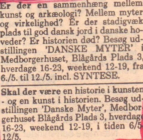 Annoncer. Kunst- og Kulturgruppen Syntese. Kom frit frem. Politiken. Primo maj 1985.