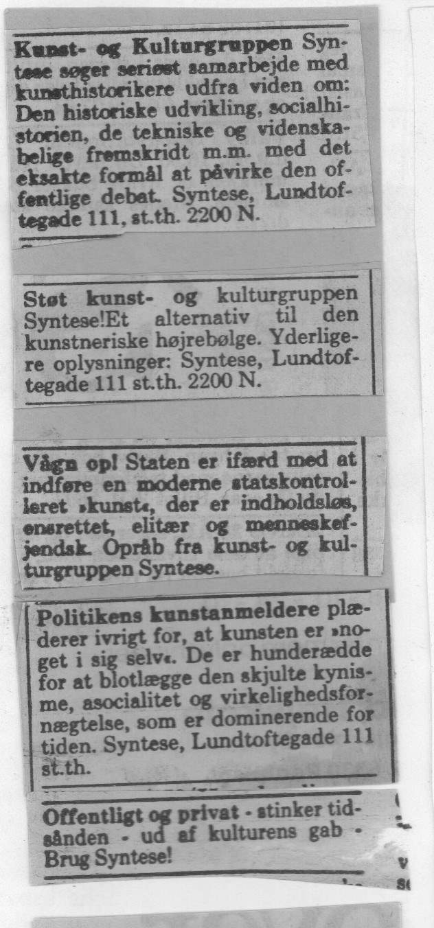 Annoncer. Kunst-og Kulturgruppen Syntese. Medier ukendte. Dateret 1986.