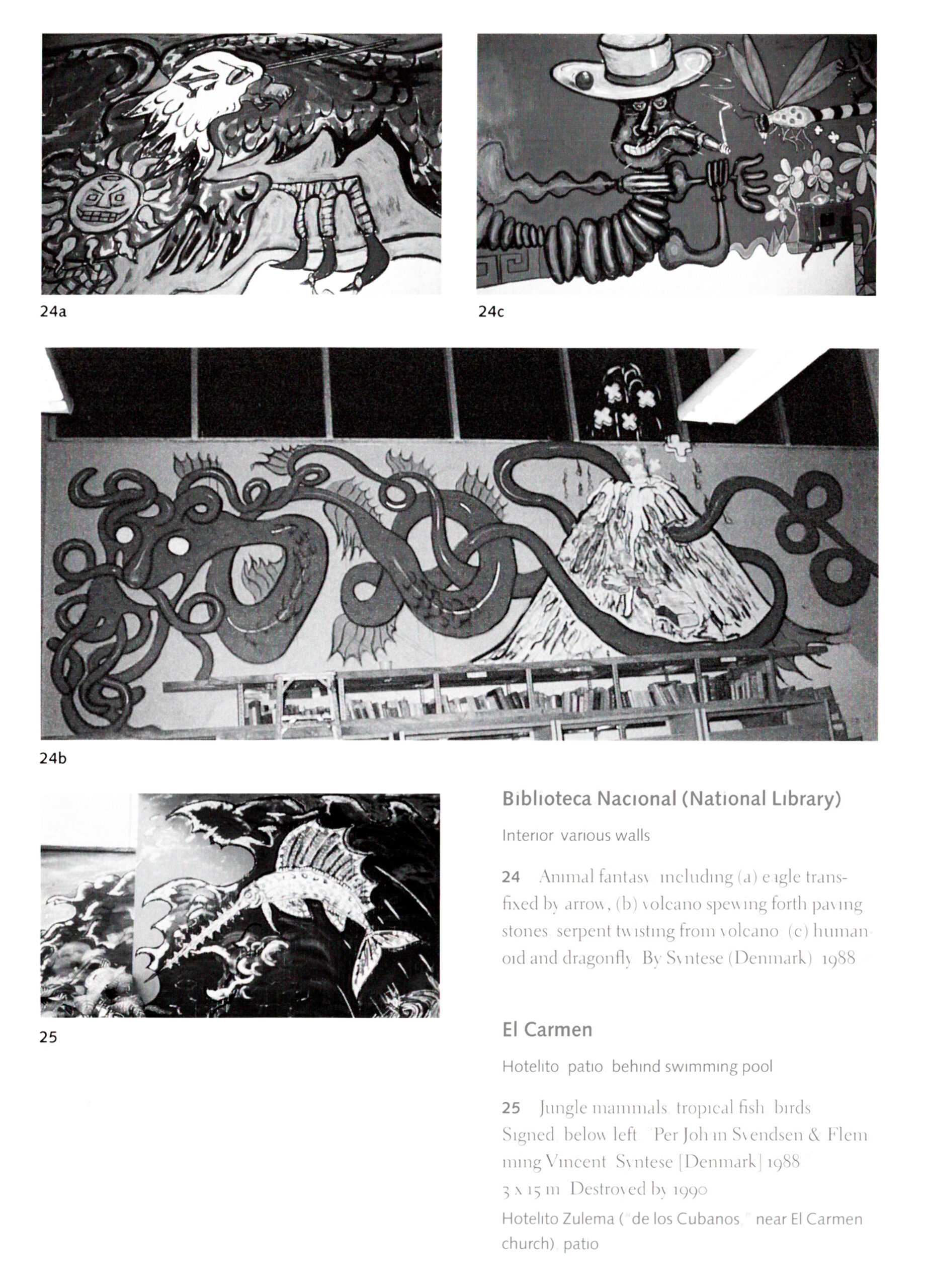Biblioteca Nacional og El Carmen. Væg- og murmalerier, Managua, Nicaragua. Fra bogen The Murals of revolutionary Nicaragua. David Kunzle. Univercity of California. Dateret 1995.