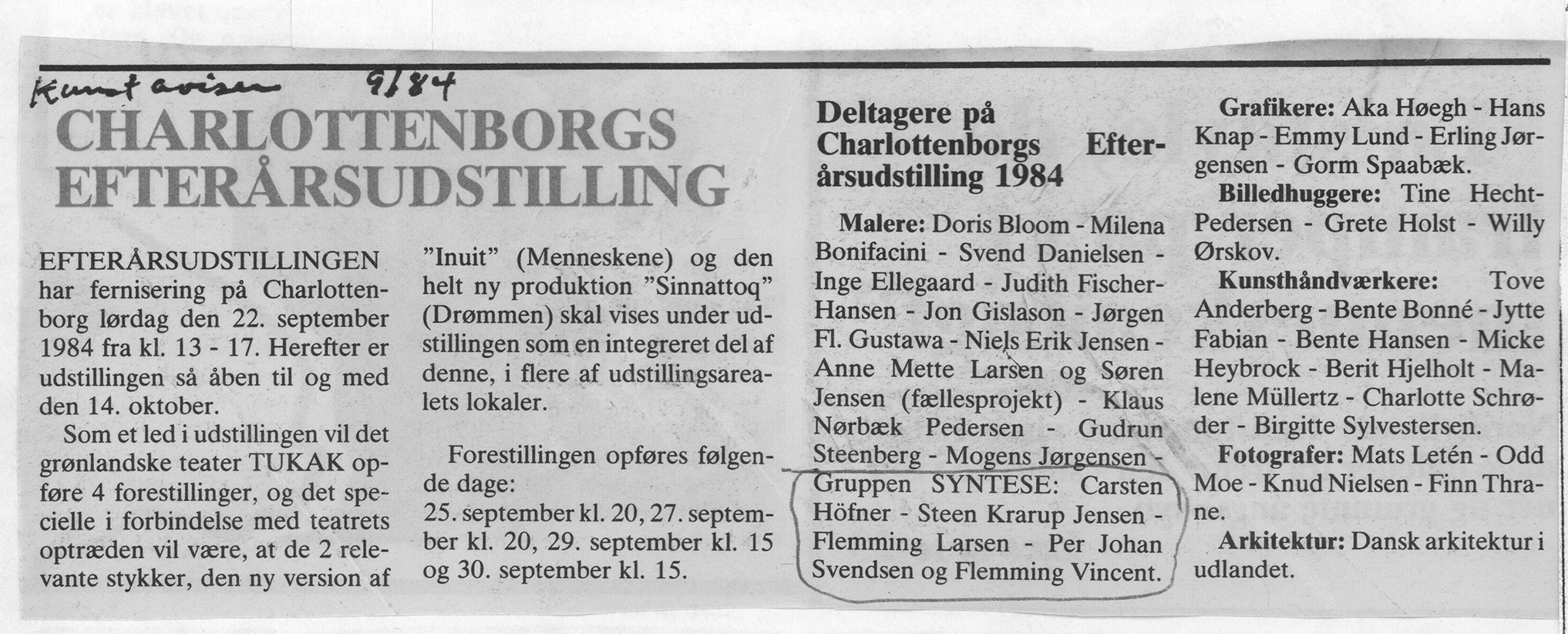 Charlottenborgs Efterårsudstilling. Foromtale-2. Kunstavisen. Primo september 1984.