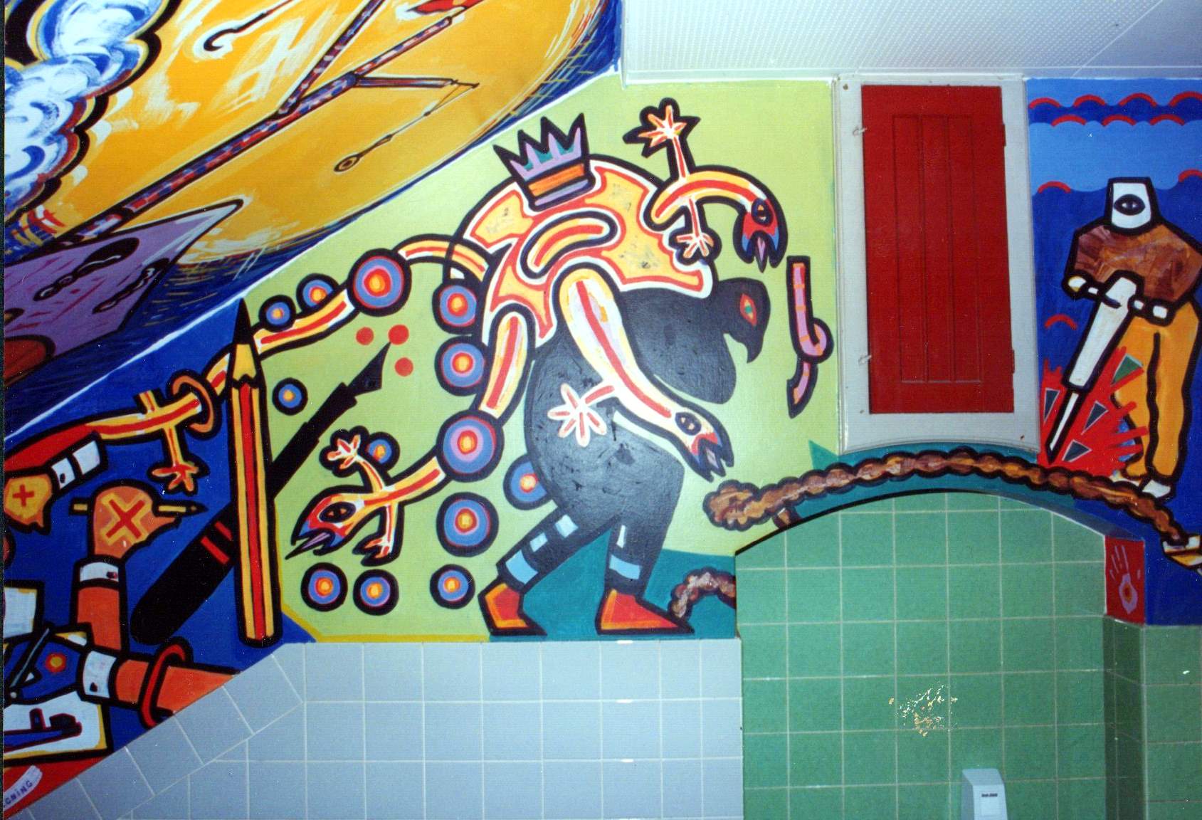 Arbejdet. Vægmaleri. Per Johan Svendsen. Del af udsmykningen En go historie. Havremarkens Skole, København. Dateret 1993.