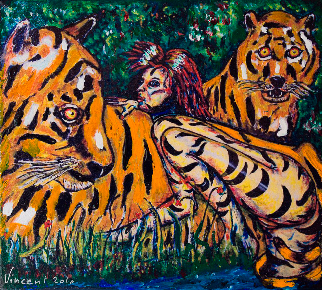 Pigen og tigrene. Maleri og plakat. Flemming Vincent. Dateret 2010.