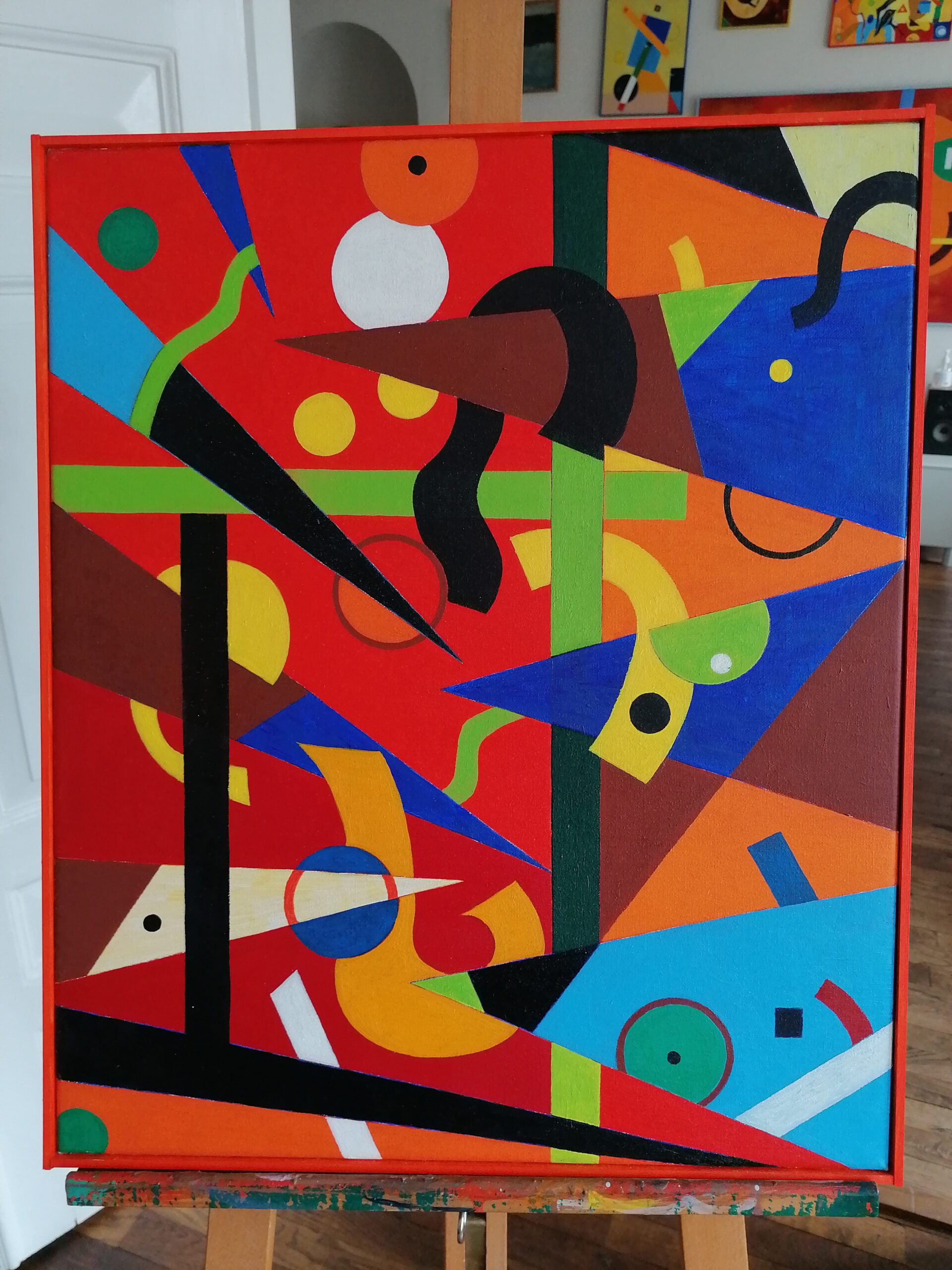 Rød blå abstraktion. Maleri (60×50 cm). Per Johan Svendsen. Dateret 2018.