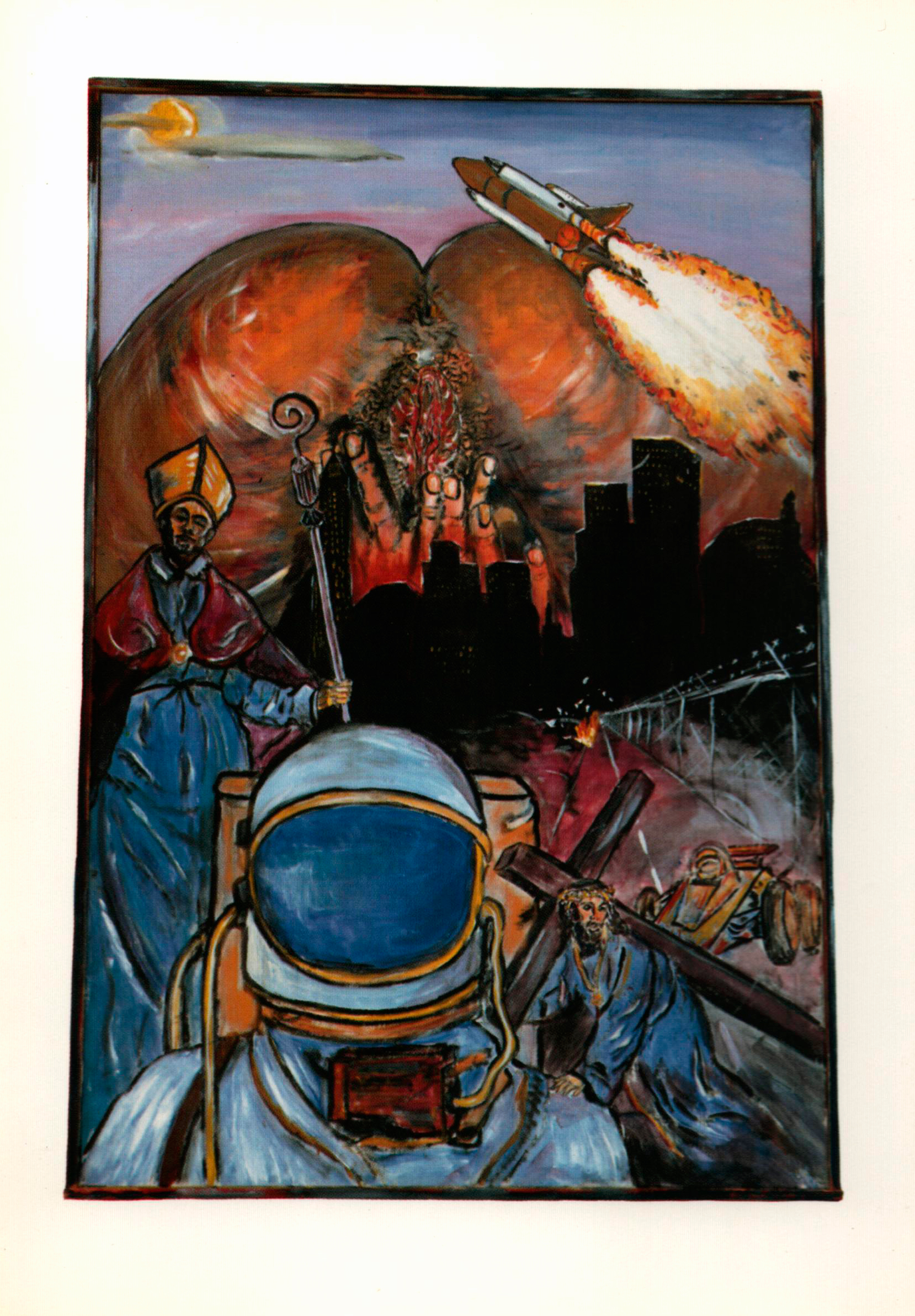 Skudt forbi. Syntese-postkort. (Maleri, Acryl på lærred). Flemming Vincent. Dateret 1984.
