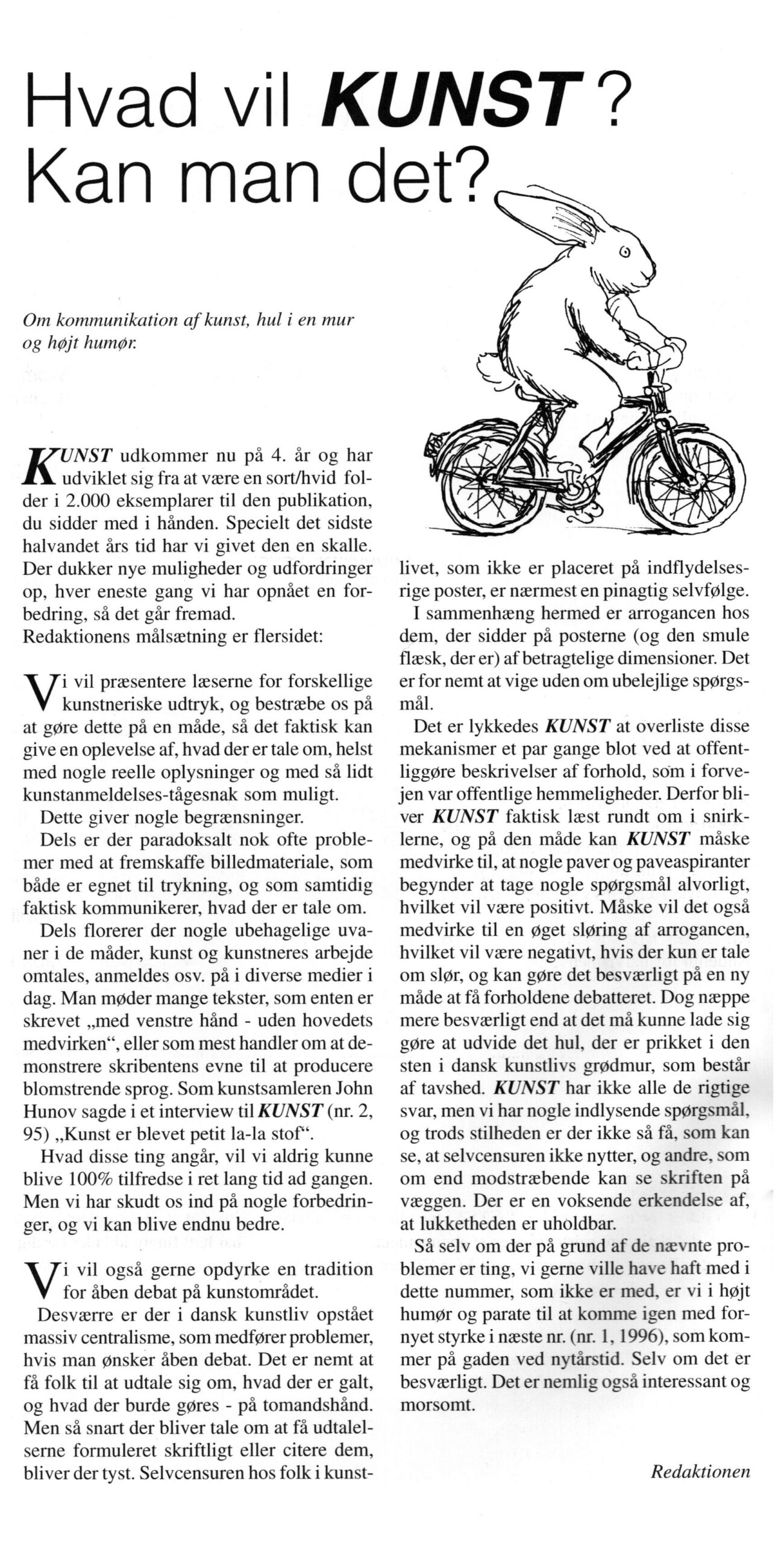 Hvad vil KUNST – Kan man det. Leder. Tidsskriftet Kunst, nr. 4 1995.