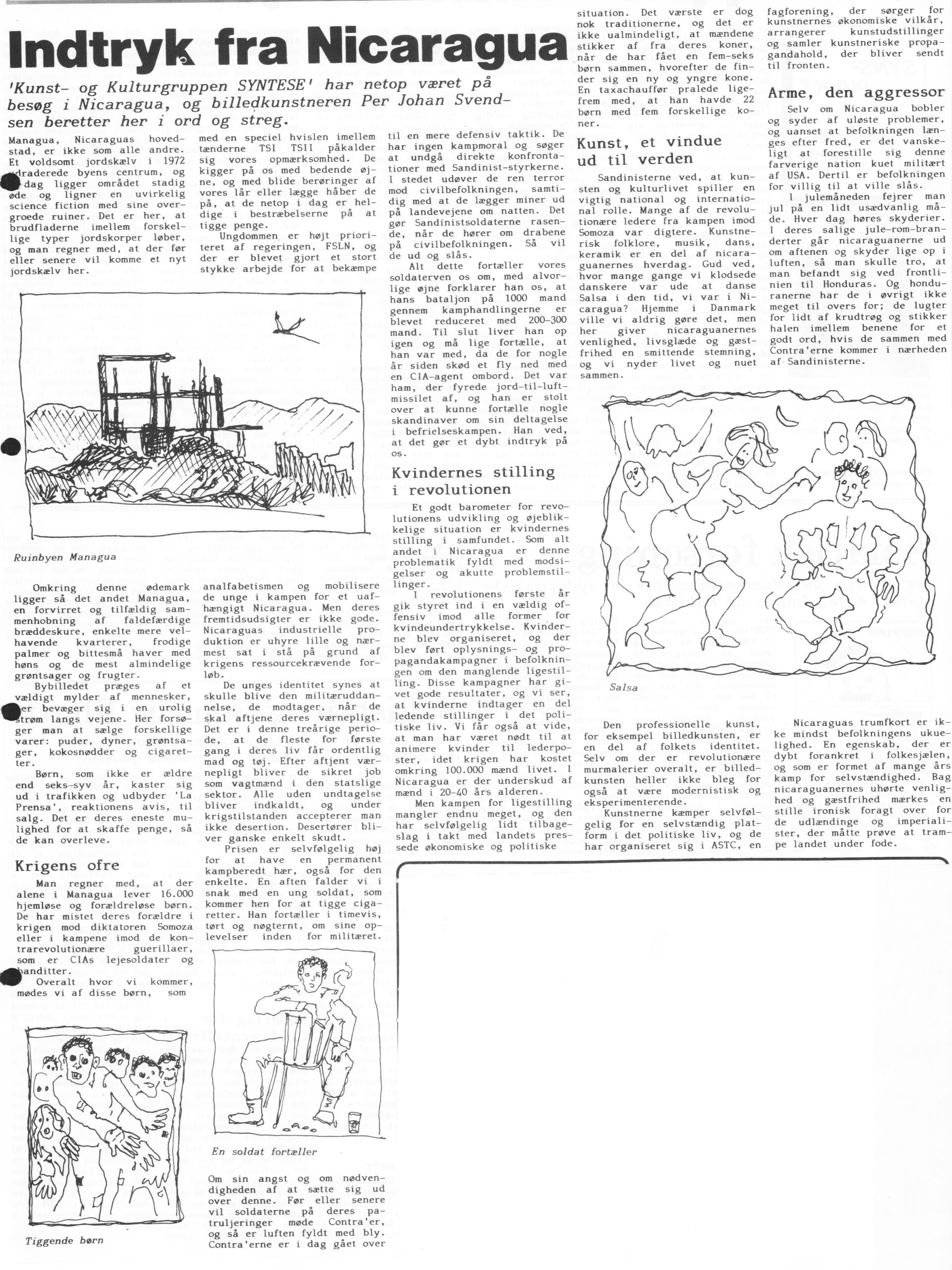 Indtryk fra Nicaragua. Artikel. Per Johan Svendsen. Arbejderavisen. Medio januar 1989.