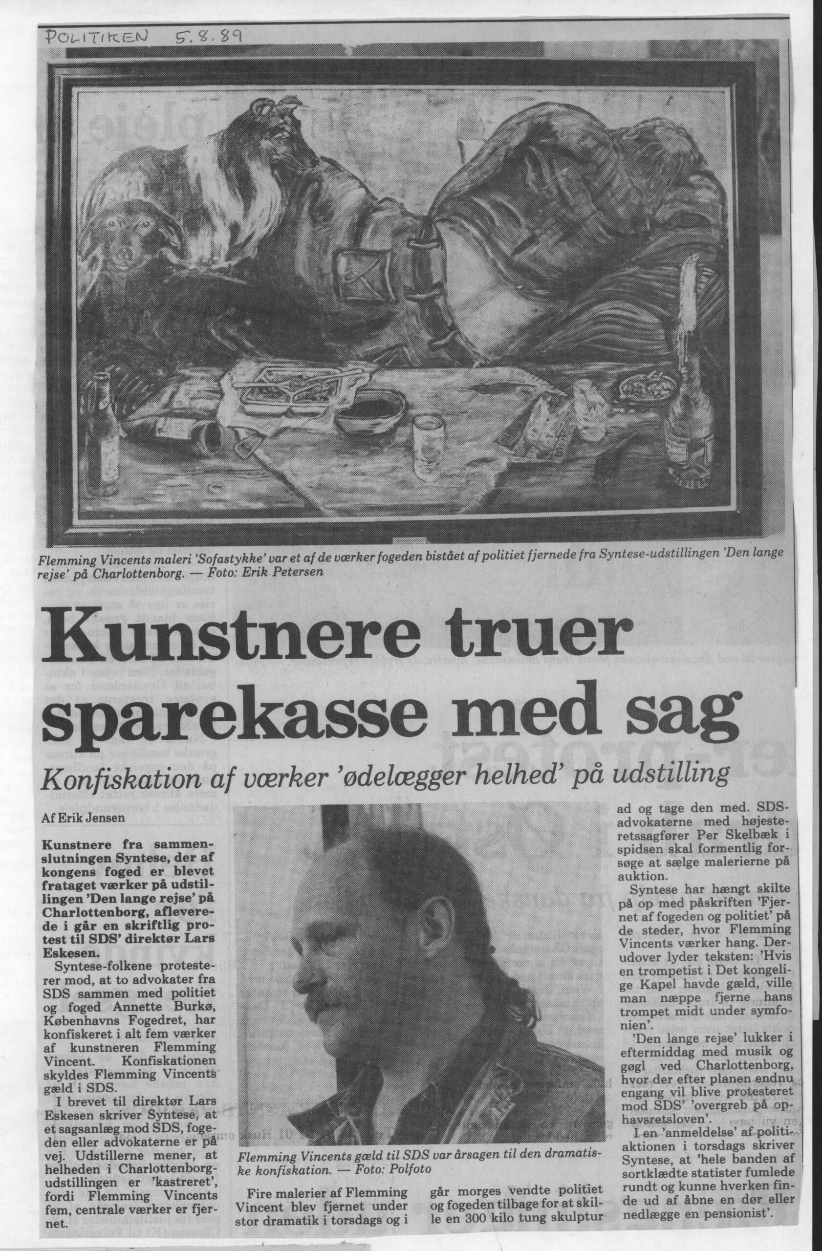 Kunstnere truer sparekasse med sag. Omtale (Retssag. Den lange rejse. Charlottenborg 1989, København). Erik Jensen. Politiken.
