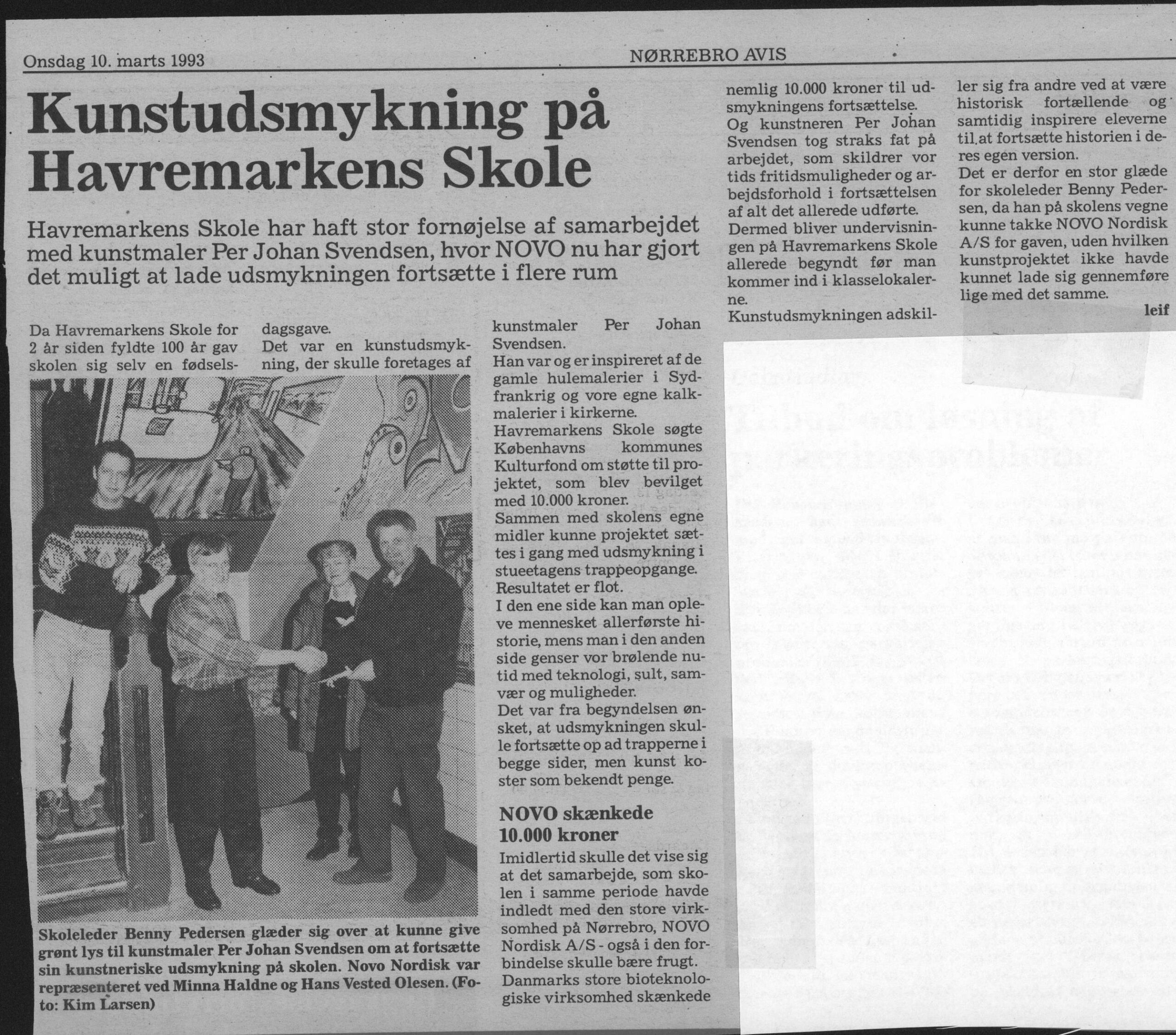Kunstudsmykning på Havremarkens Skole. Omtale (En go Historie. Havremarkens Skole, København 1993). Leif. Nørrebro Avis.
