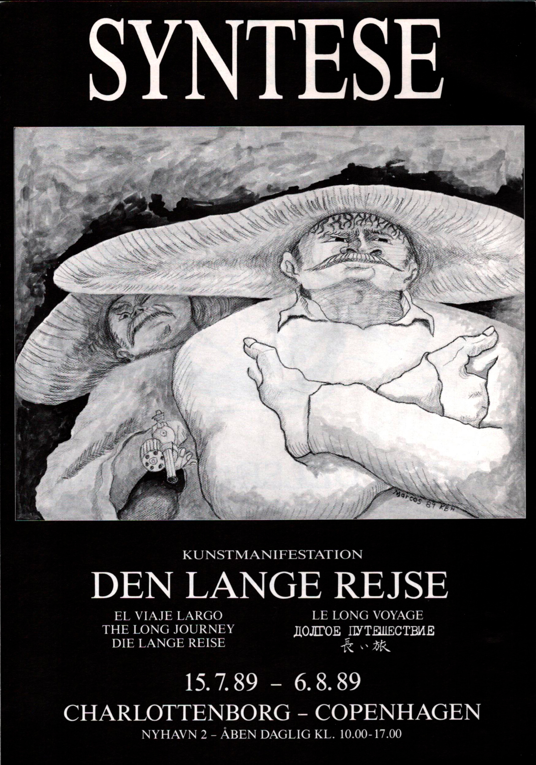 Syntese Kunstmanifestation. Flyer (side 1 af 2, forsiden) om udstillingen Den lange rejse. Charlottenborg, Laveret tegning, Marcos Byrd. København.