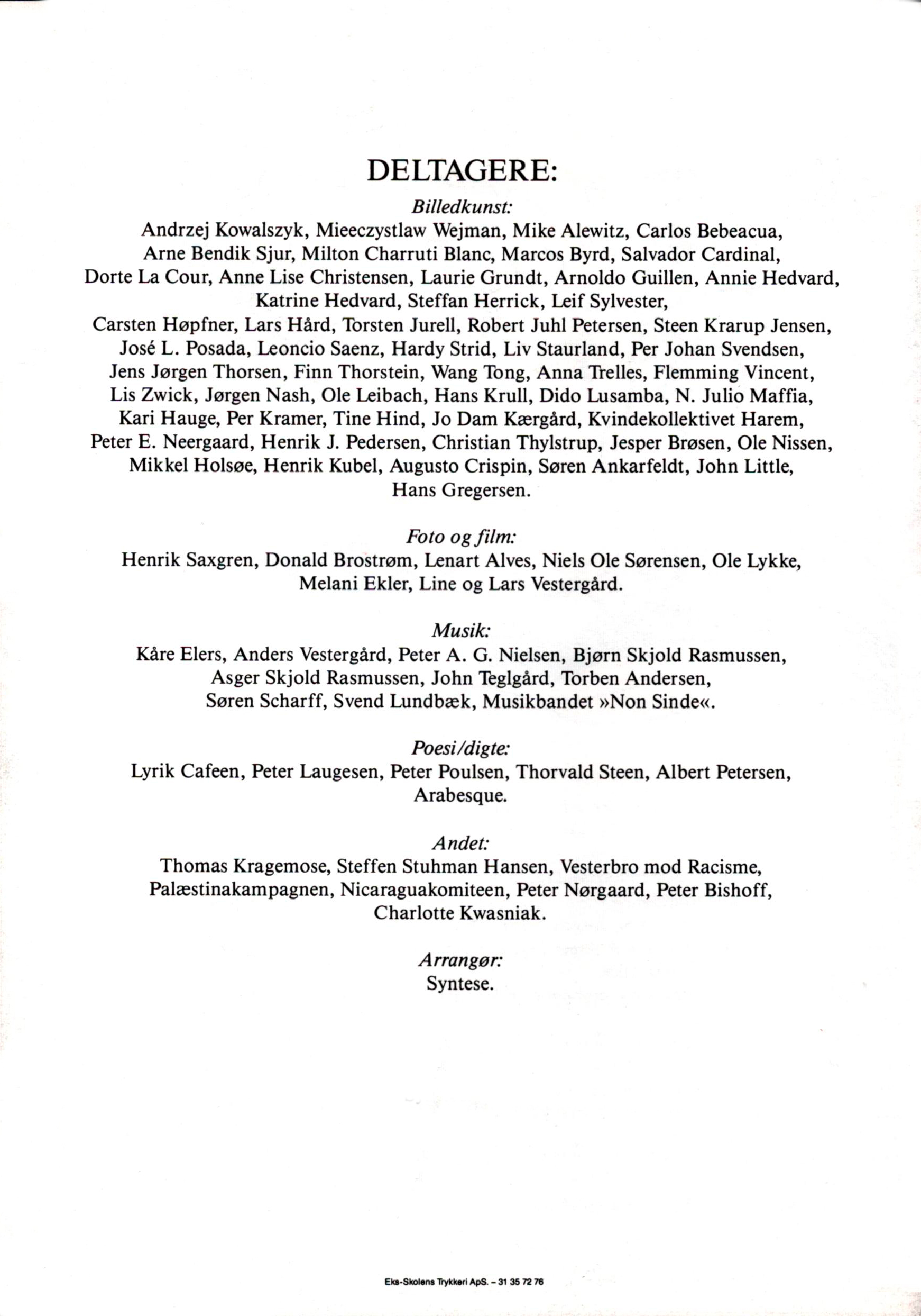Syntese Kunstmanifestation. Flyer (side 2 af 2, deltagerliste) om udstillingen Den lange rejse. Charlottenborg, København.