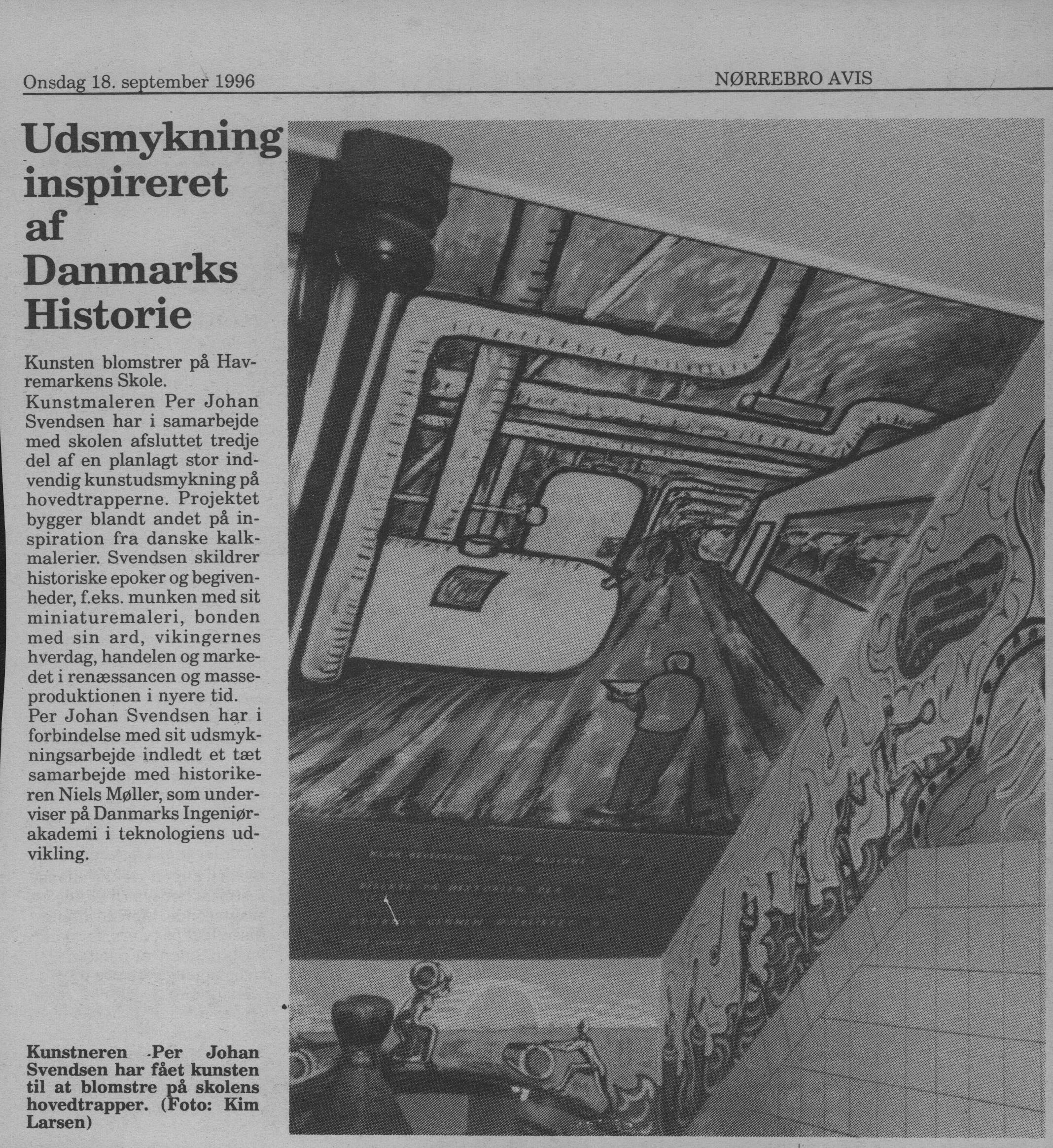 Udsmykning inspireret af Danmarks historie. Omtale (En go historie. Havremarkens Skole, 1996). Nørrebro Avis.