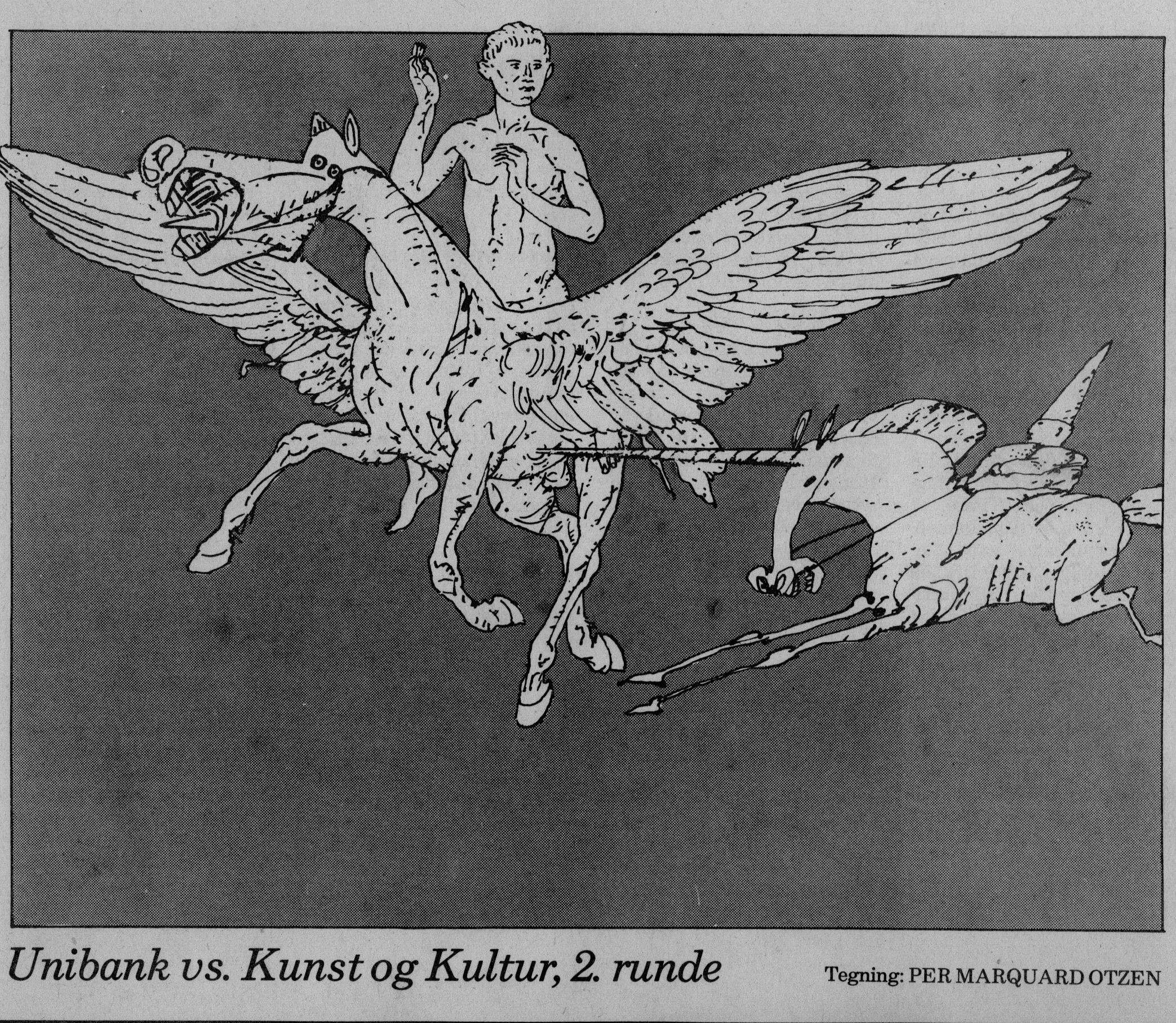 Unibank vs. Kunst og Kultur, 2. runde. Omtale-tegning (Retssag. Den lange rejse, Charlottenborg, København 1989). Per Marquard Otzen. Information.